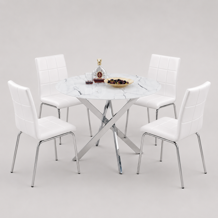 Almora 5-Piece Dinette Set – White Marble Glass Table with Chrome Legs & White PU Chairs