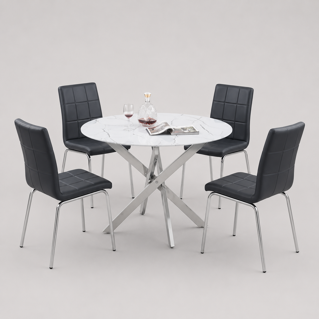 Almora 5-Piece Dinette Set – White Marble Glass Table with Chrome Legs & Black PU Chairs