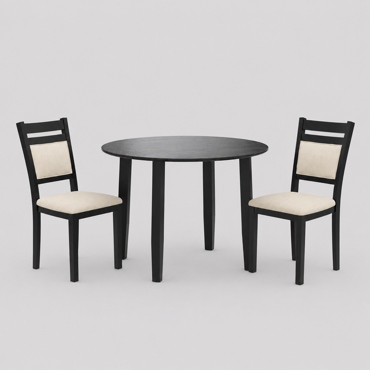 Avenshire Compact 3-Piece Dining Set – Space-Saving Round Drop-Leaf Table with 2 Matching Chairs (Black Finish)