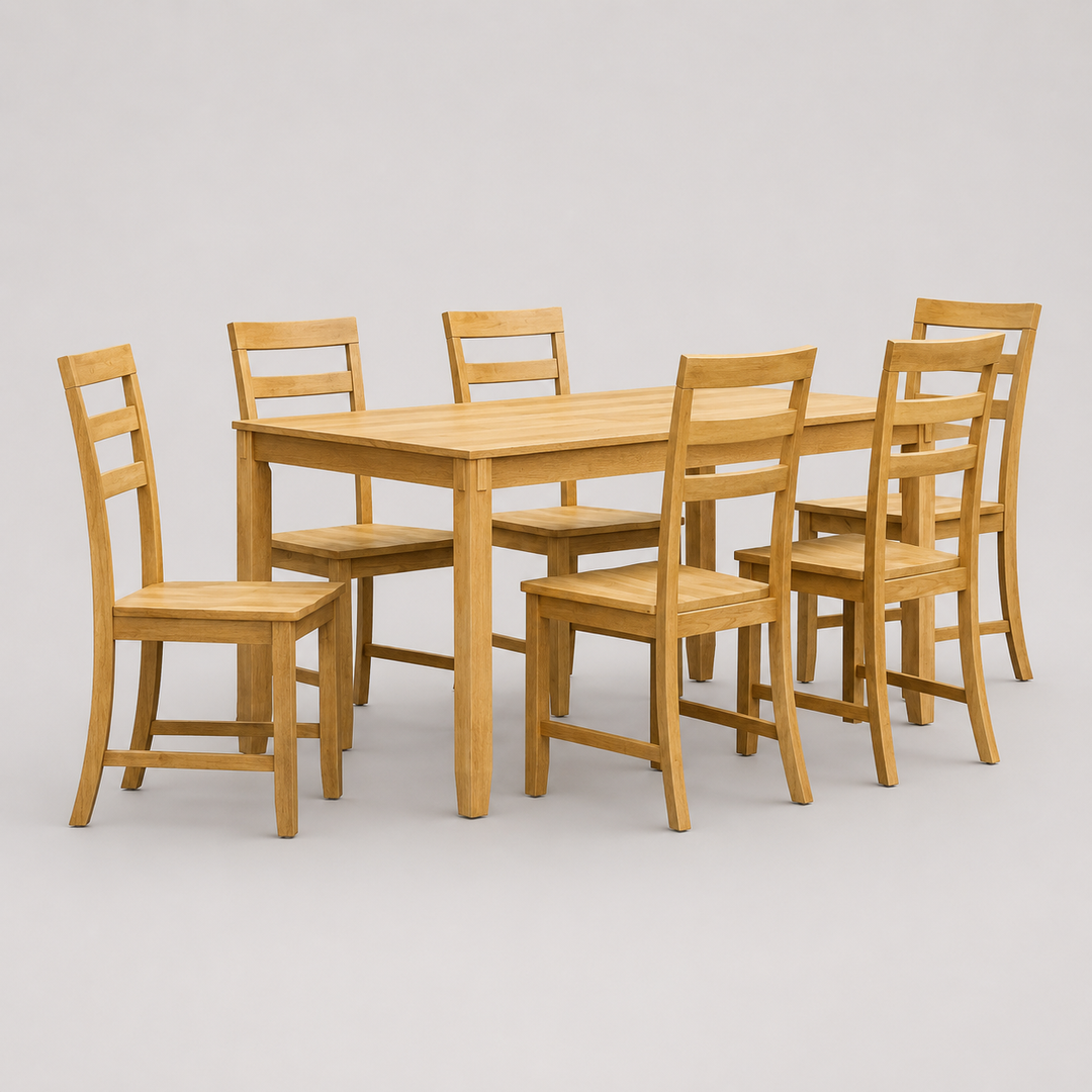 Thalorin 7-Piece Wooden Dining Set – Rectangular Solid Rubberwood Table with 6 Ladder-Back Chairs | Oak Finish Family Dining Set