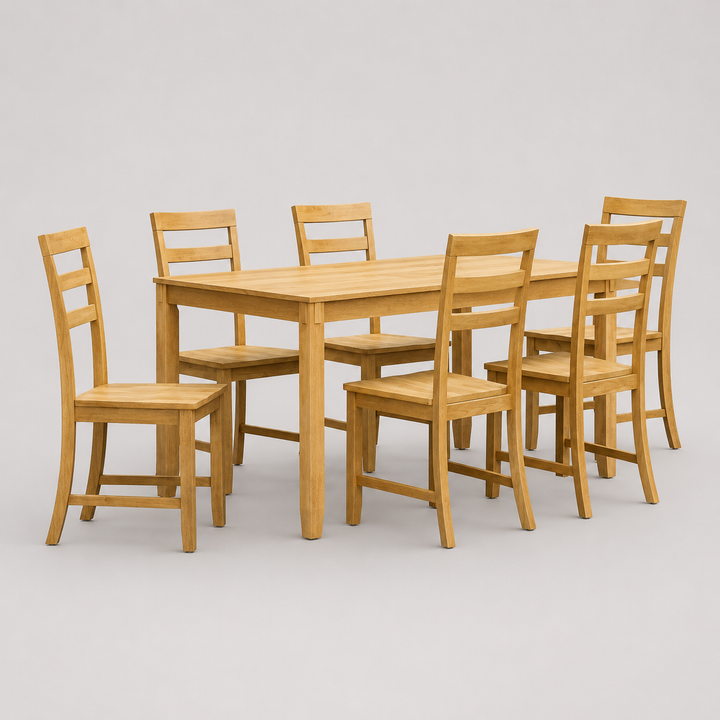 Thalorin 7-Piece Wooden Dining Set – Rectangular Solid Rubberwood Table with 6 Ladder-Back Chairs | Oak Finish Family Dining Set