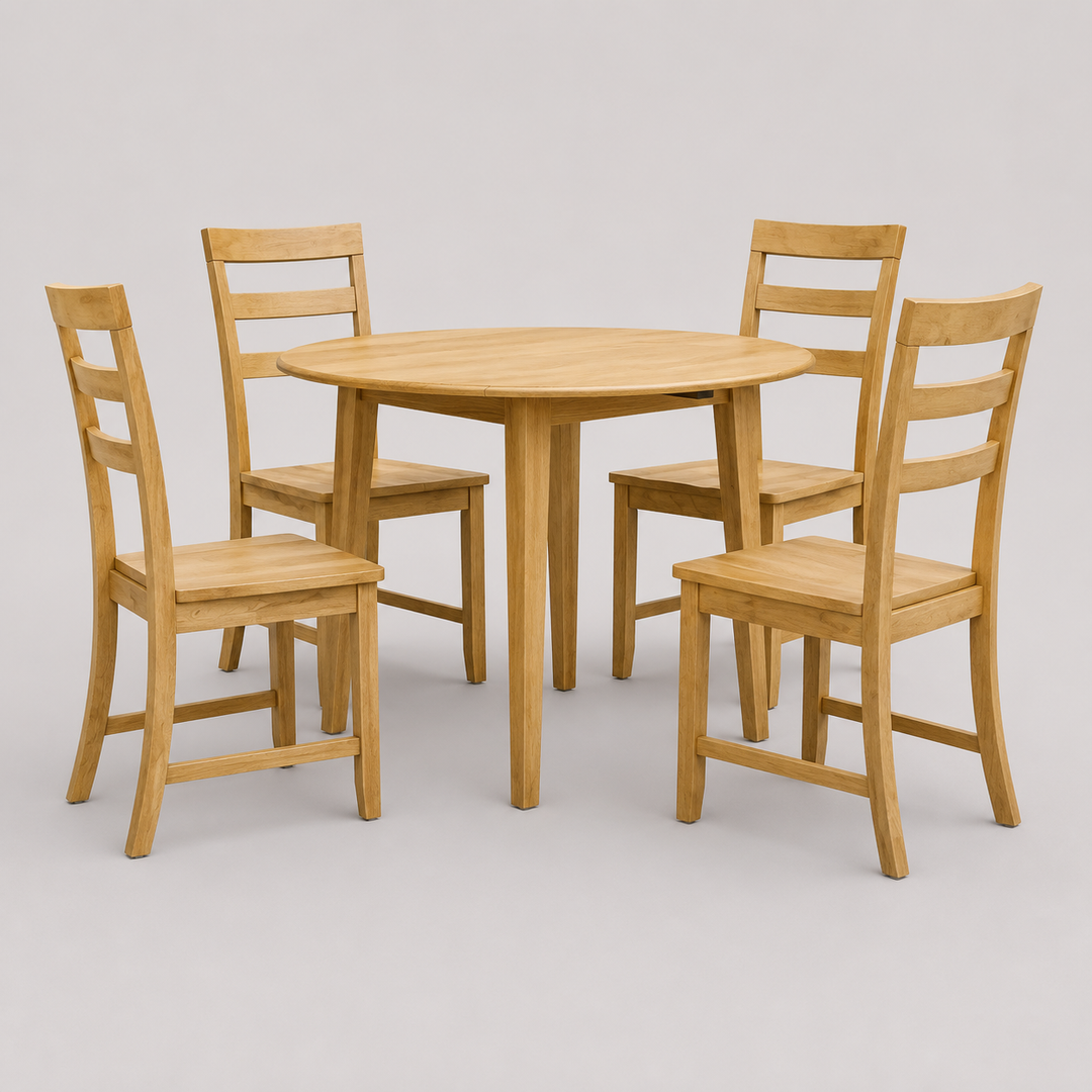 Thalorin 5-Piece Wooden Drop-Leaf Dining Set – Round Solid Rubberwood Table with 4 Ladder-Back Chairs | Oak Finish Space-Saving Dining Set