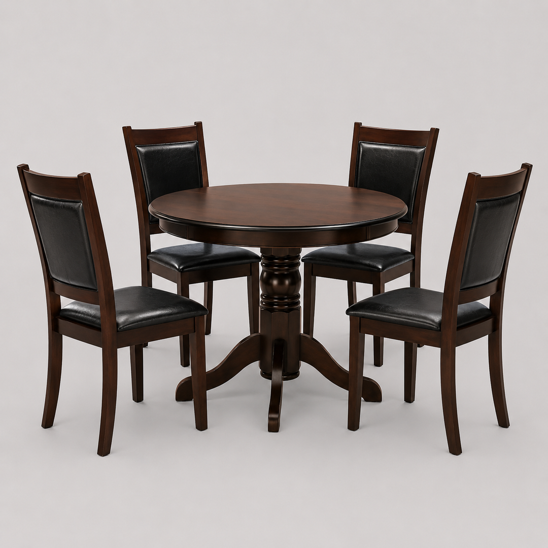 Kalmira 5-Piece Dinette Set – Pedestal Round Table with Black Cushion Chairs