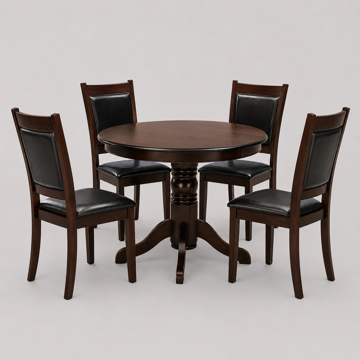 Kalmira 5-Piece Dinette Set – Pedestal Round Table with Black Cushion Chairs