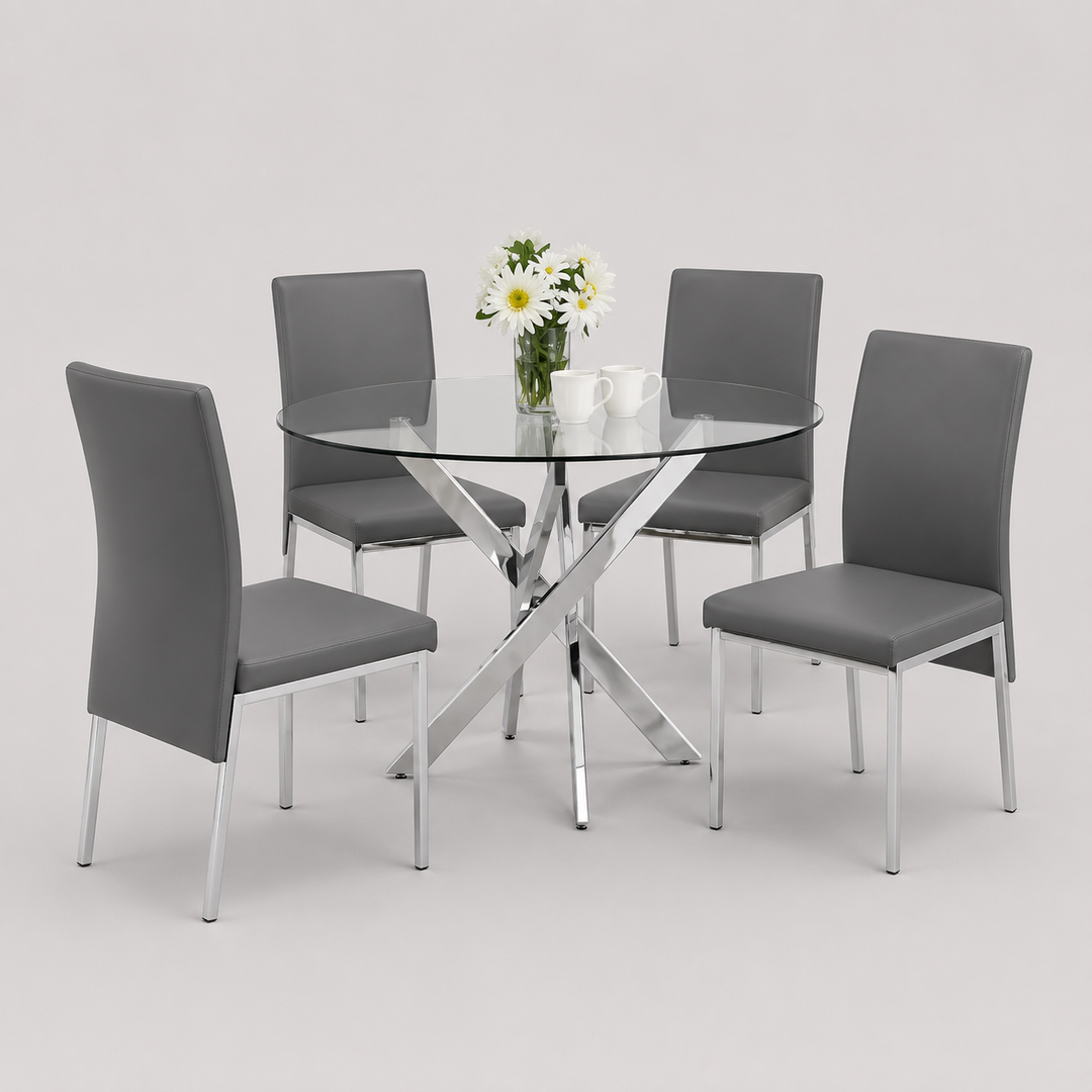 Valtino 5-Piece Dinette Set – Tempered Clear Glass Table with Chrome Legs & Grey PU Chairs