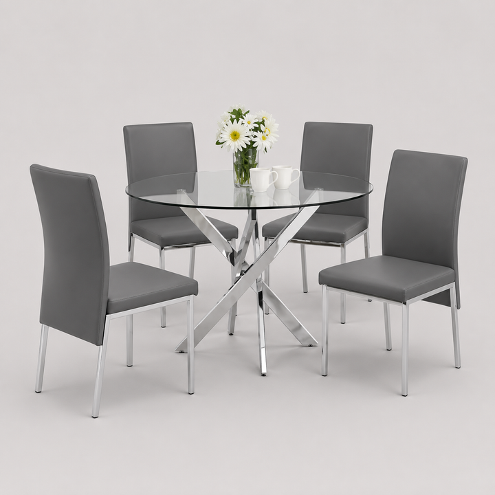 Valtino 5-Piece Dinette Set – Tempered Clear Glass Table with Chrome Legs & Grey PU Chairs