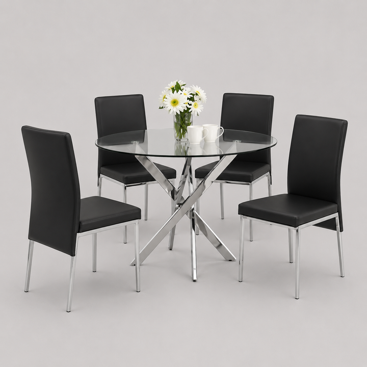 Valtino 5-Piece Dinette Set – Tempered Clear Glass Table with Chrome Legs & Black PU Chairs