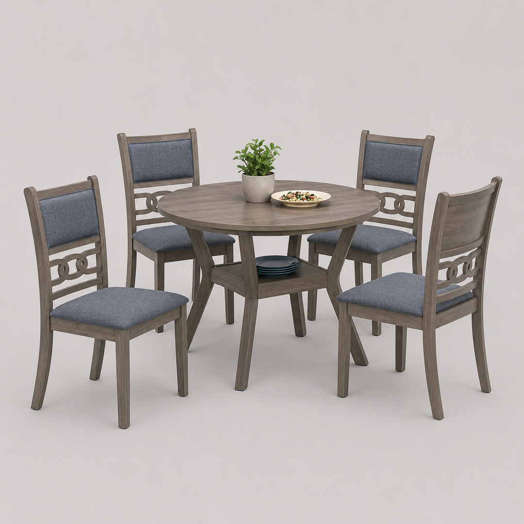 Primora 5-Piece Dining Set – Antique Grey Round Table with Fabric Upholstered Chairs
