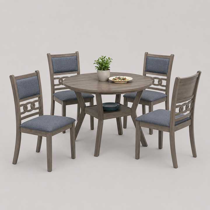Primora 5-Piece Dining Set – Antique Grey Round Table with Fabric Upholstered Chairs