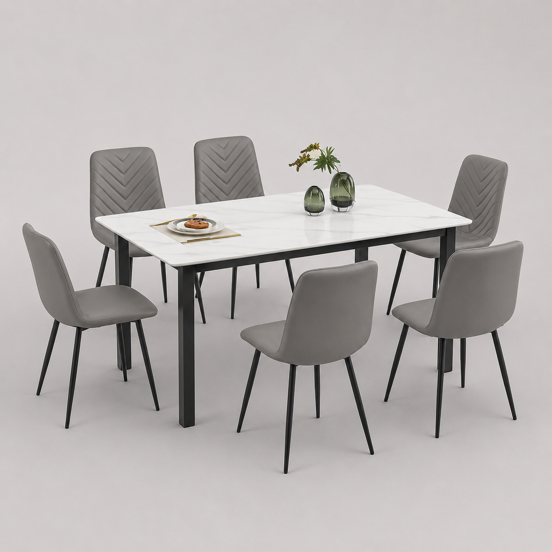 Avionza 7-Piece Dinette Set – Sintered Stone White Marble Table with Black Steel Legs & Grey Velvet Chairs