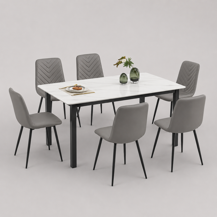 Avionza 7-Piece Dinette Set – Sintered Stone White Marble Table with Black Steel Legs & Grey Velvet Chairs