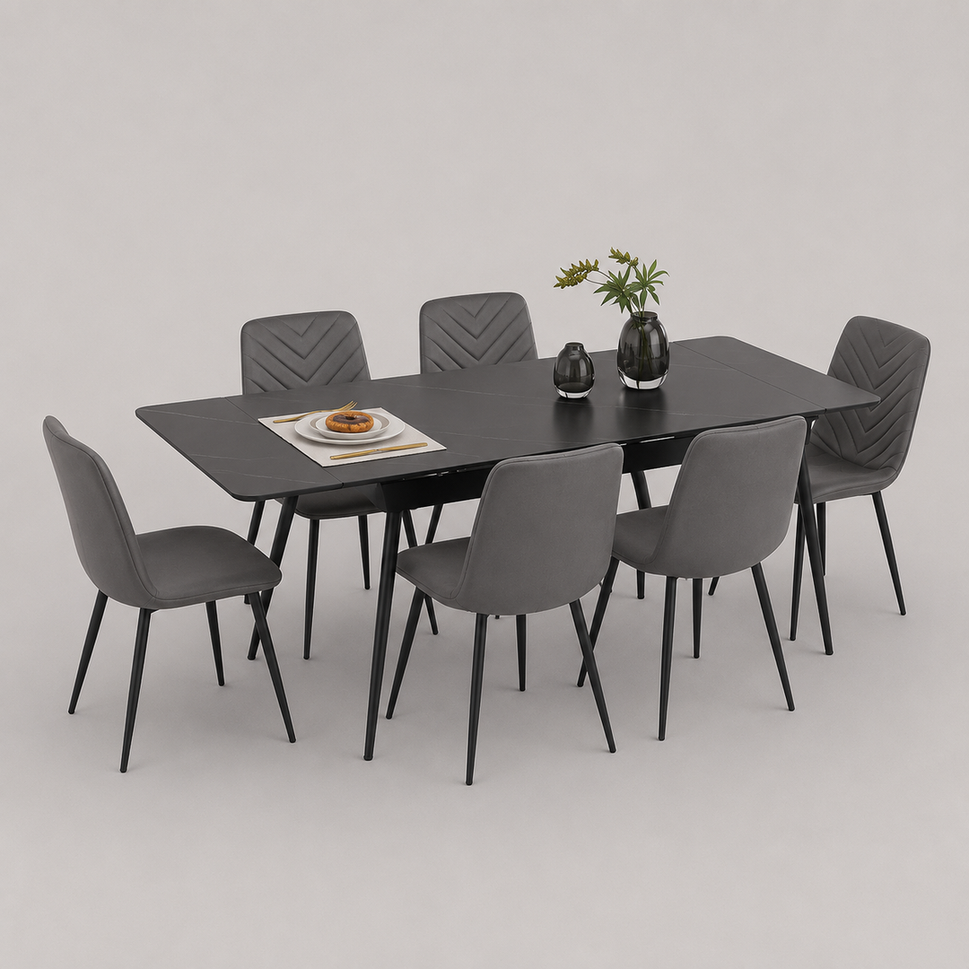 Calvona 7-Piece Dinette Set – Sintered Stone Black Marble Extension Table with Black Steel Legs & Soft Grey Velvet Chairs