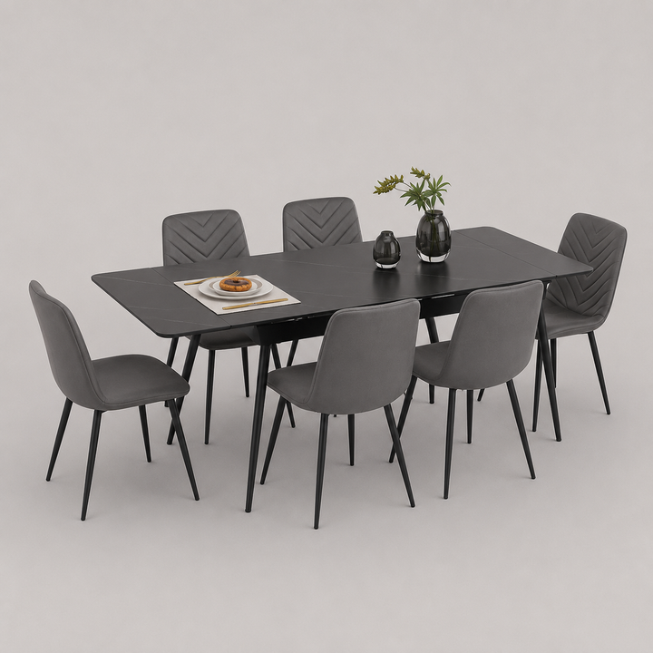 Calvona 7-Piece Dinette Set – Sintered Stone Black Marble Extension Table with Black Steel Legs & Soft Grey Velvet Chairs