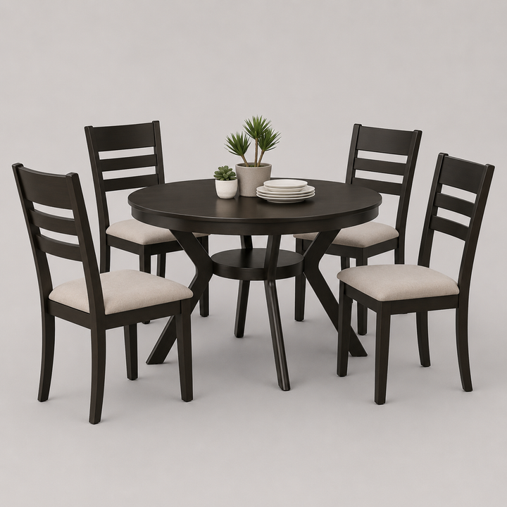 Elarion 5-Piece Dining Set – Espresso Table with Storage Shelf & Ladder Back Chairs