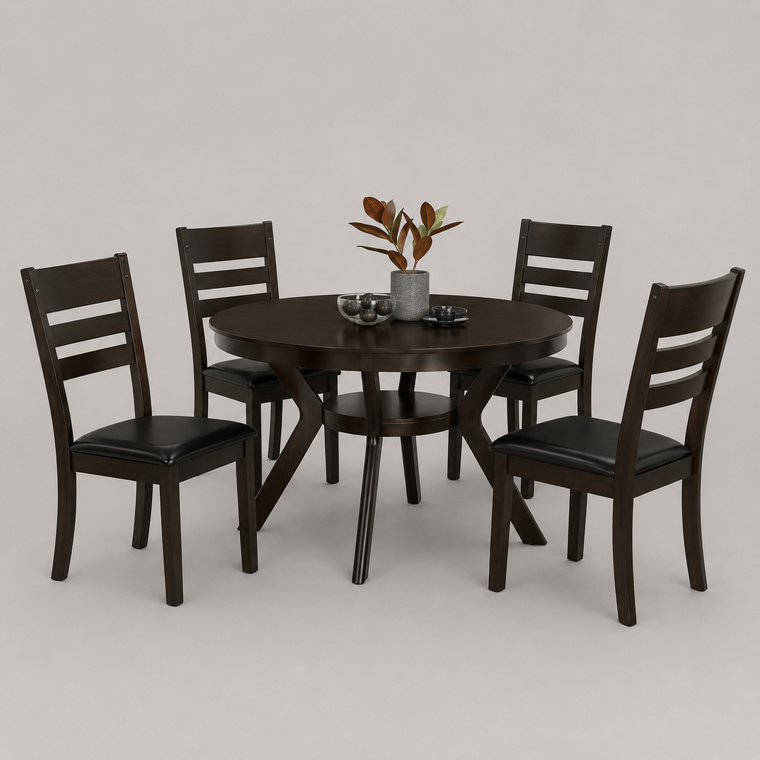 Brivano 5-Piece Dining Set – Espresso Table with Storage Shelf & Nailhead Chairs