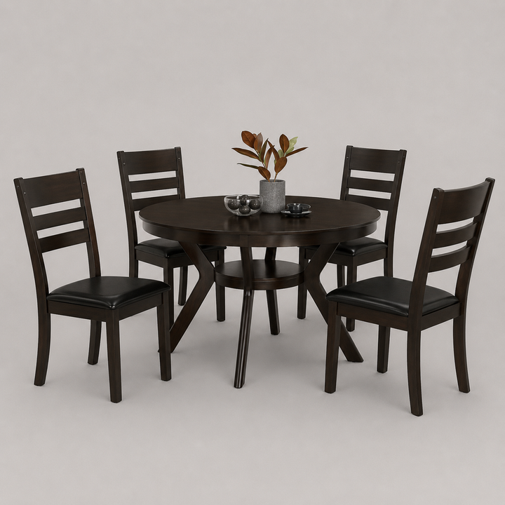 Brivano 5-Piece Dining Set – Espresso Table with Storage Shelf & Nailhead Chairs
