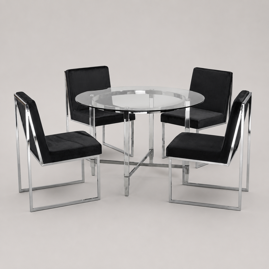 Cedarveil Dining Set – Modern 5-Piece Round Glass Table with Acrylic Legs & Chrome Chairs