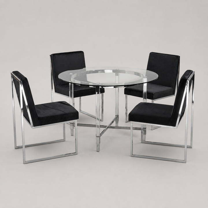 Cedarveil Dining Set – Modern 5-Piece Round Glass Table with Acrylic Legs & Chrome Chairs