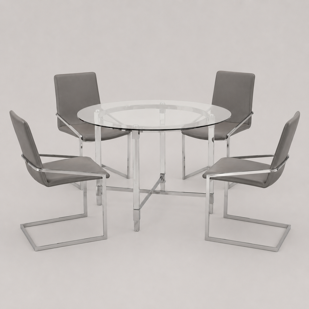 Cedarveil Dining Set – Modern 5-Piece Round Glass Table with Acrylic Base & Chrome Chairs
