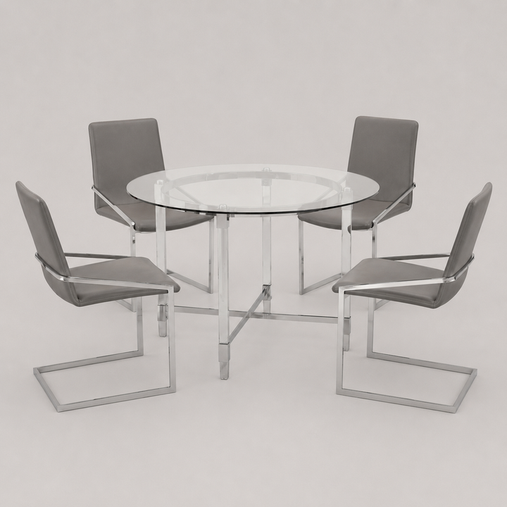 Cedarveil Dining Set – Modern 5-Piece Round Glass Table with Acrylic Base & Chrome Chairs