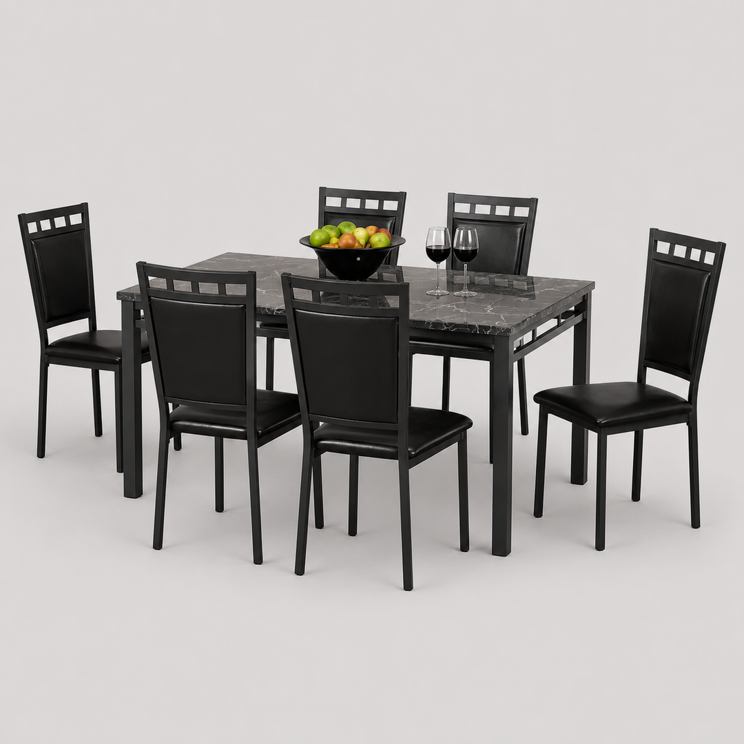 Dentara 7-Piece Dinette Set – Gun Metal Table with Black PU Chairs
