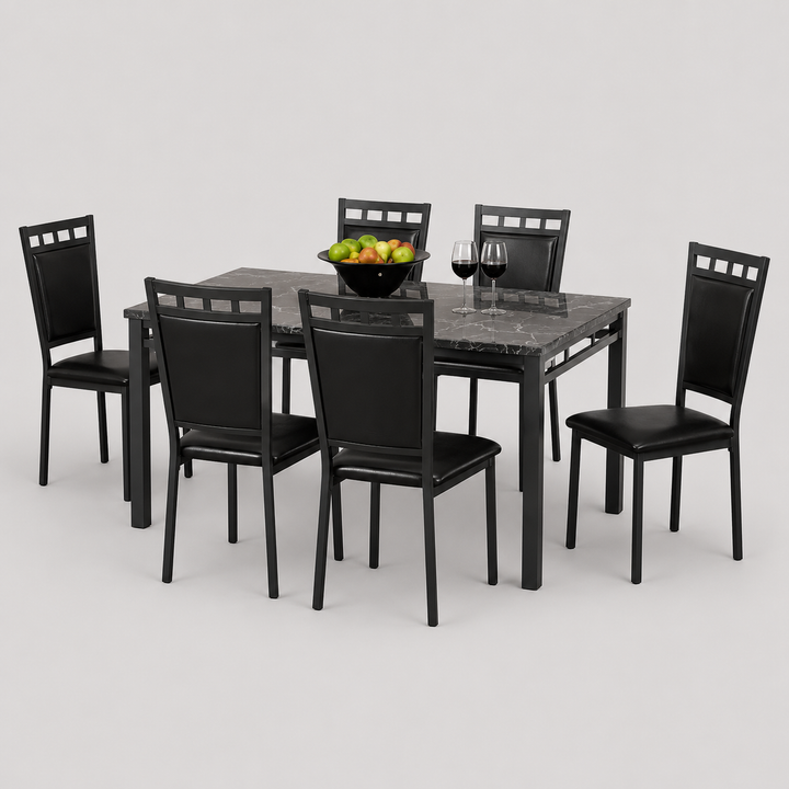 Dentara 7-Piece Dinette Set – Gun Metal Table with Black PU Chairs