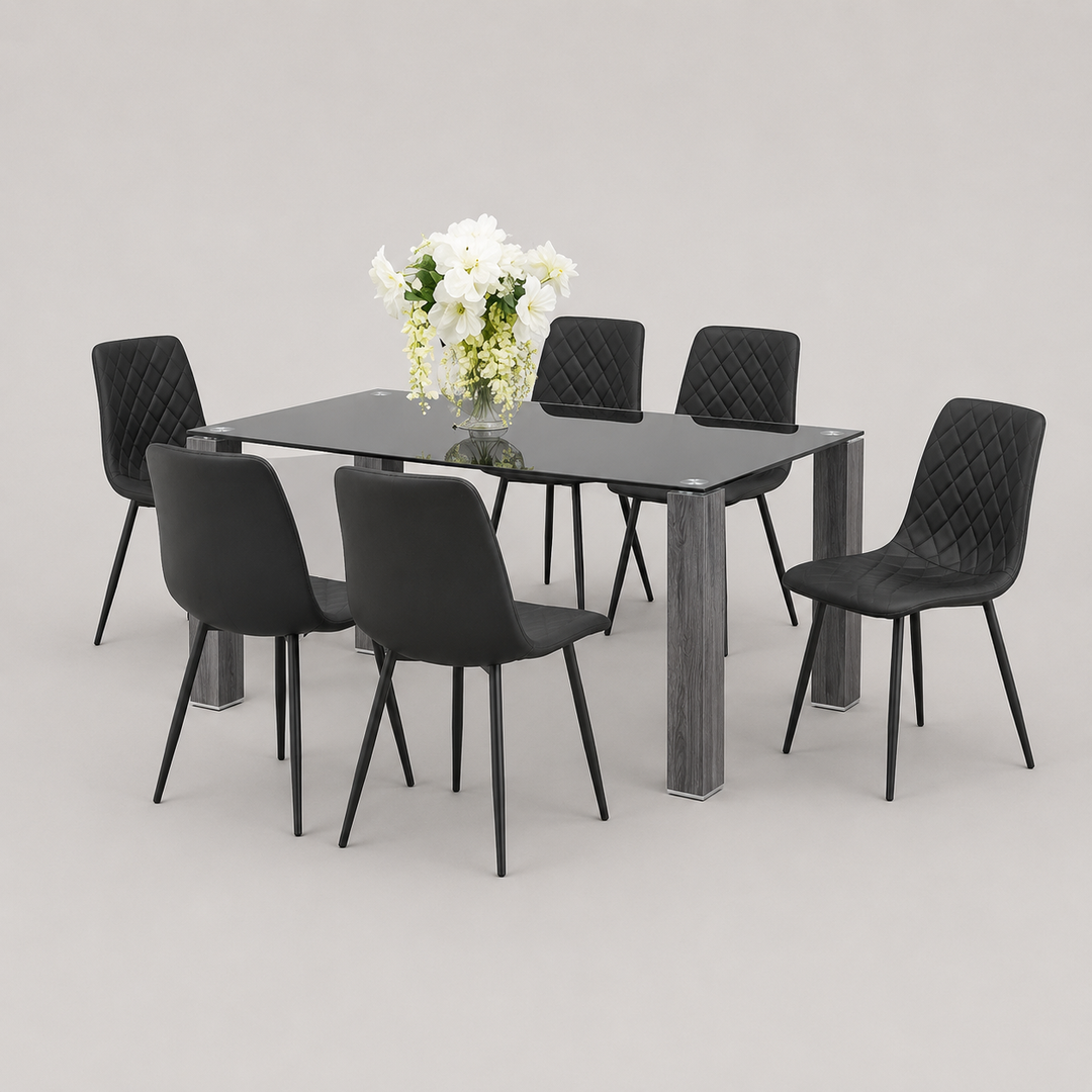 Sylvona 7-Piece Dinette Set – Tempered Clear Glass Table with Grey Wooden Legs & Black PU Chairs