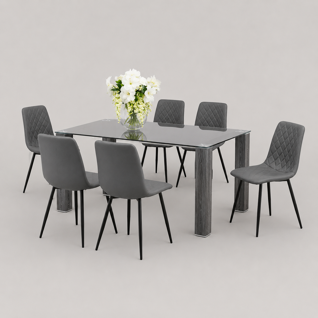 Sylvona 7-Piece Dinette Set – Tempered Clear Glass Table with Grey Wooden Legs & Chrome Accents and Grey PU Chairs