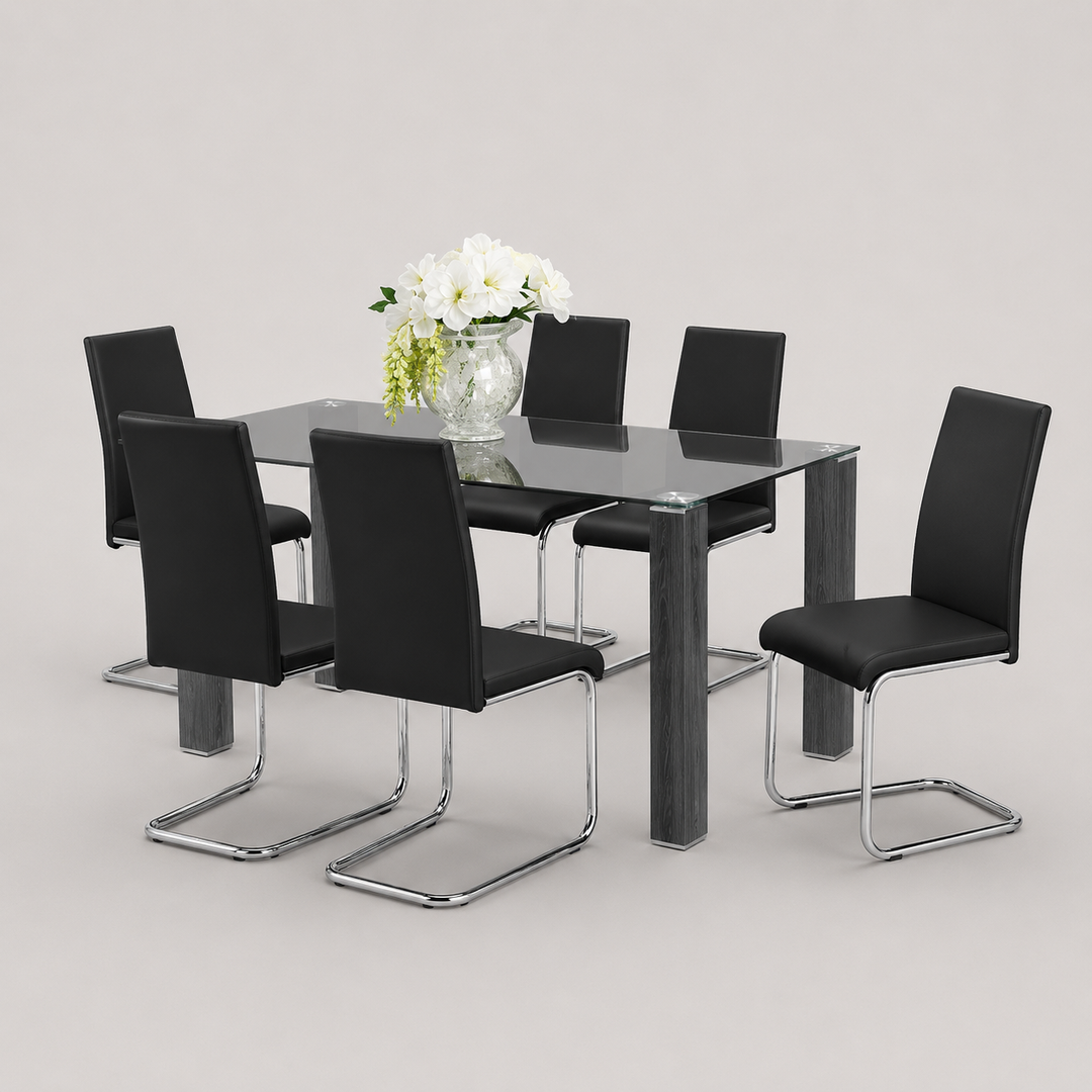 Arvexo 7-Piece Dinette Set – Tempered Clear Glass Table with Grey Wooden Legs & Chrome Accents and Black PU Chairs