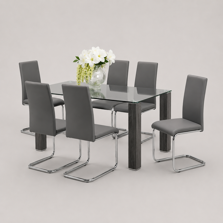 Arvexo 7-Piece Dinette Set – Tempered Clear Glass Table with Grey Wooden Legs & Chrome Accents and Grey PU Chairs