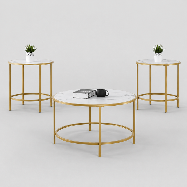 Arvexon 3 Piece Coffee Table Set – Modern Round Coffee Table with MDF Faux Marble Top and Sleek Gold Metal Base