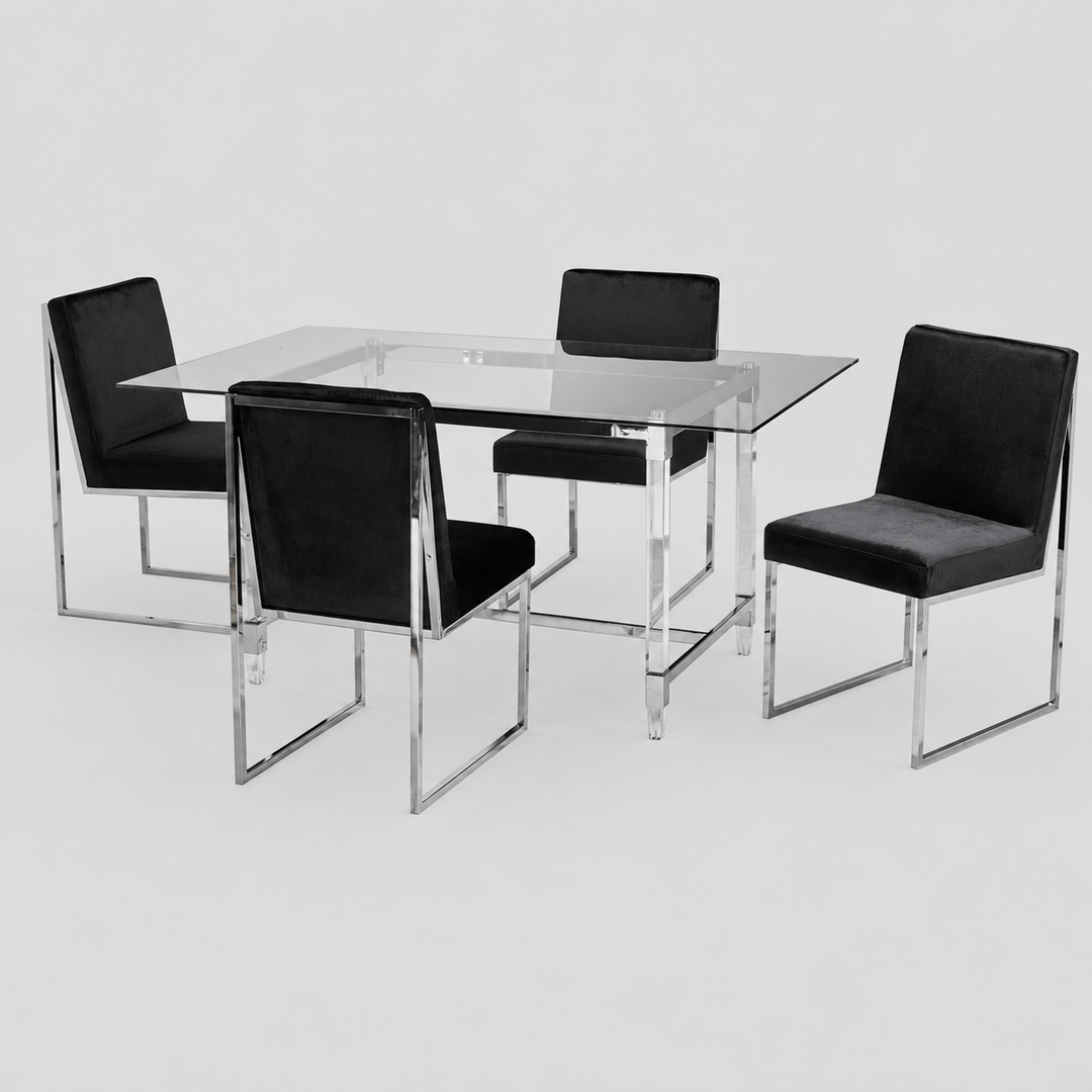 Marevian 5-Piece Dining Set – Contemporary Glass Table with Chrome Frame Modern Chairs