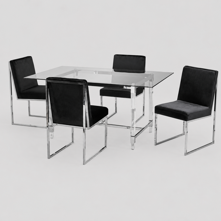 Marevian 5-Piece Dining Set – Contemporary Glass Table with Chrome Frame Modern Chairs
