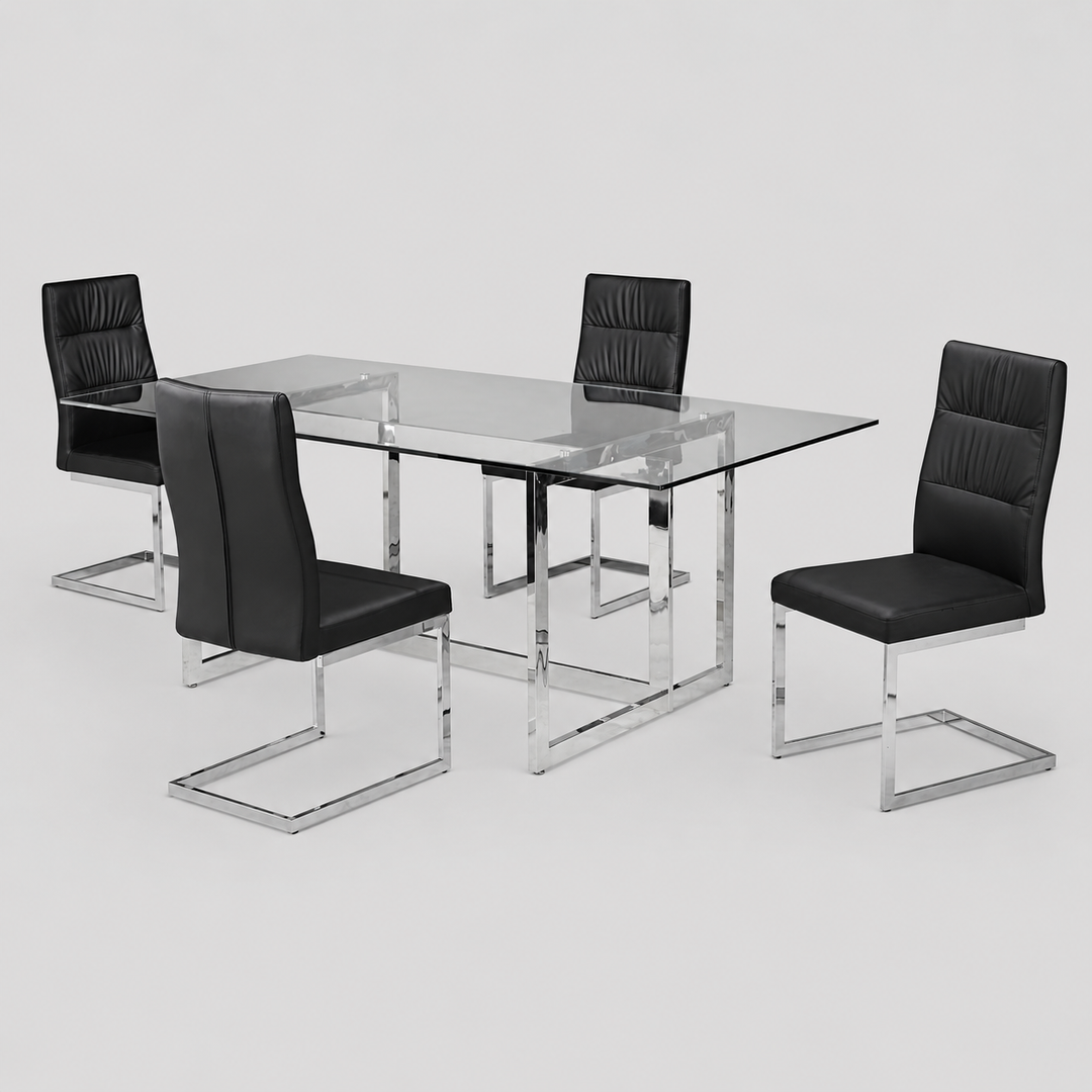 Orynth 5-Piece Dining Set – Contemporary Tempered Glass Table with Metal Frame Chairs