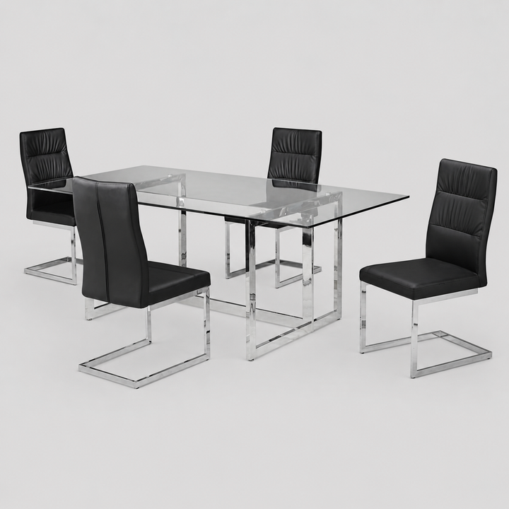 Orynth 5-Piece Dining Set – Contemporary Tempered Glass Table with Metal Frame Chairs