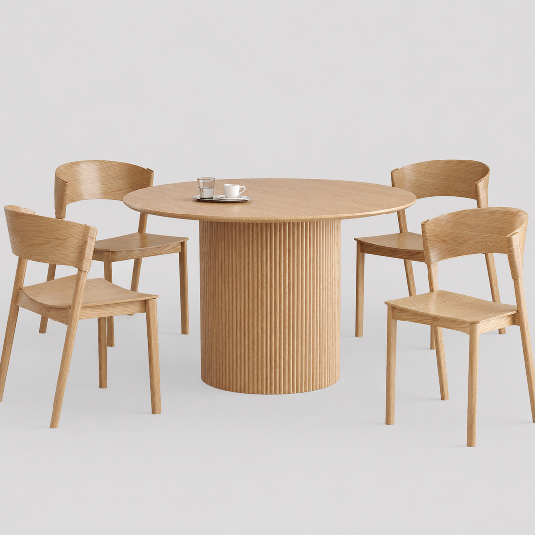 Velmora Mid-Century Modern Round Dining Table – Engineered Wood Oak Veneer Top with Reeded Pedestal Base and Reverse Bevel Wood Grain Finish Dining Table