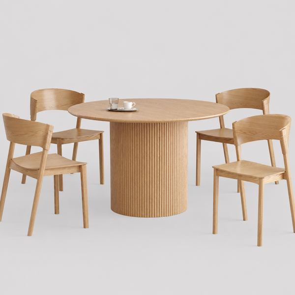 Velmora Mid-Century Modern Round Dining Table – Engineered Wood Oak Veneer Top with Reeded Pedestal Base and Reverse Bevel Wood Grain Finish Dining Table