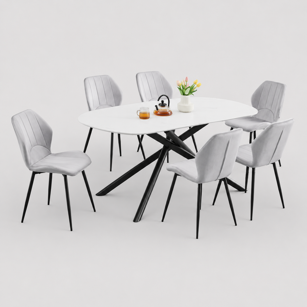 Novexa 7-Piece Dinette Set – Sintered Stone White Marble Table with Black Steel Legs & Light Grey Velvet Chairs