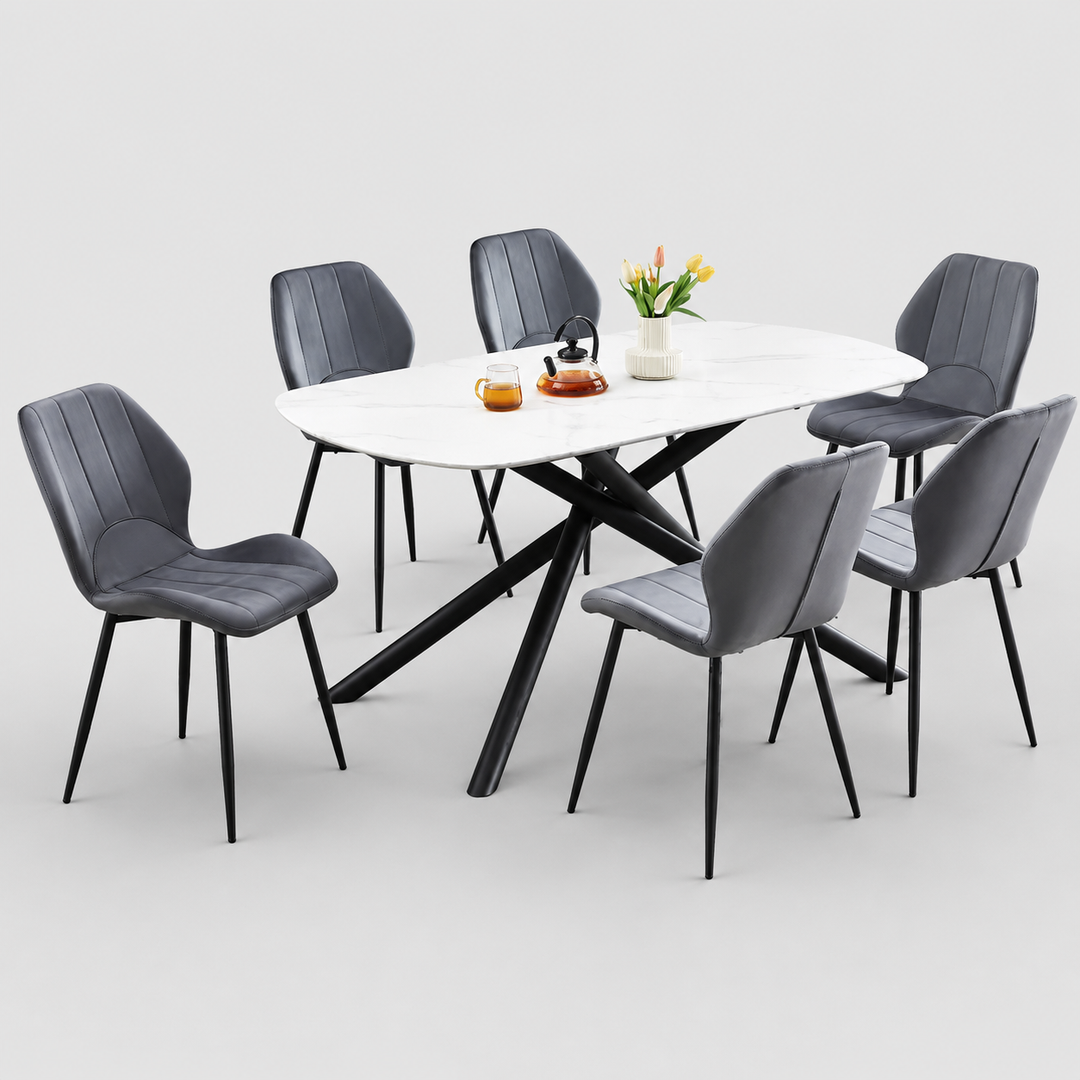 Novexa 7-Piece Dinette Set – Sintered Stone White Marble Table with Black Steel Legs & Dark Grey Velvet Chairs