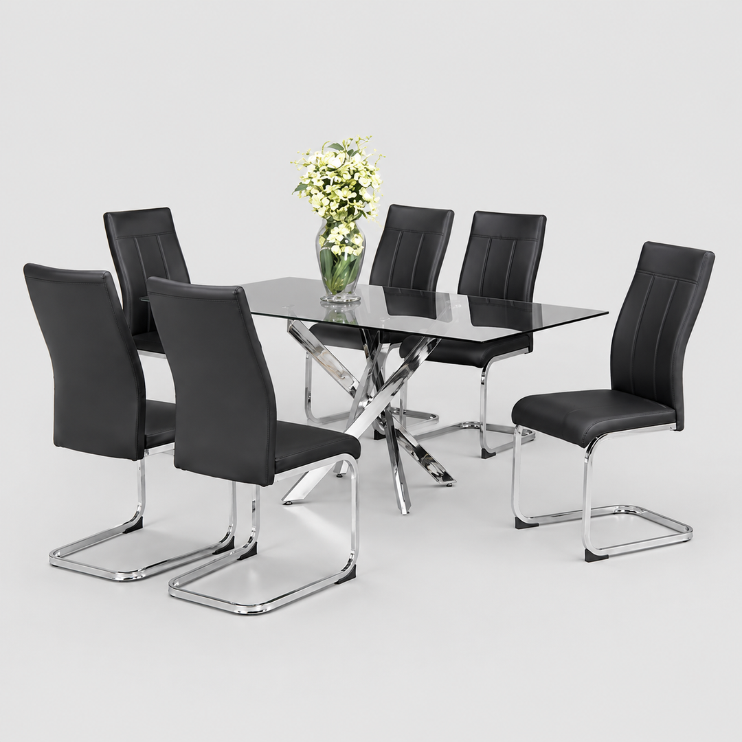 Marvion 7-Piece Dinette Set – Tempered Clear Glass Table with Chrome Legs & Black PU Chairs