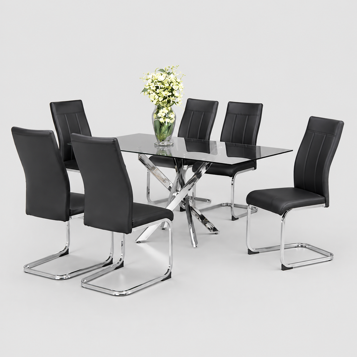 Marvion 7-Piece Dinette Set – Tempered Clear Glass Table with Chrome Legs & Black PU Chairs