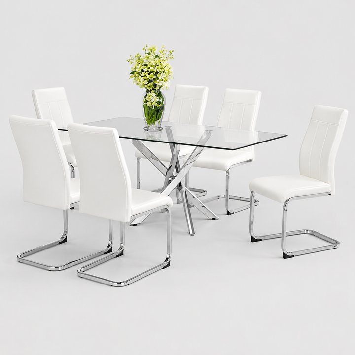 Marvion 7-Piece Dinette Set – Tempered Clear Glass Table with Chrome Legs & White PU Chairs