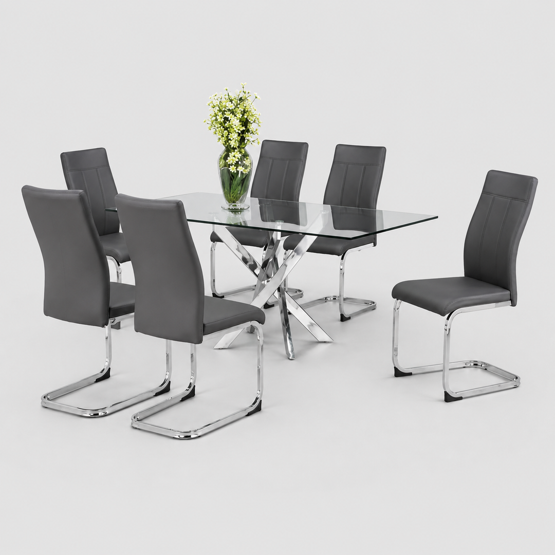 Marvion 7-Piece Dinette Set – Tempered Clear Glass Table with Chrome Legs & Grey PU Chairs