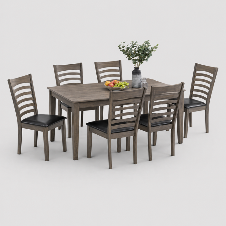 Zenvira 7-Piece Dining Set – Antique Grey Modern Finish Rectangular Table with Ladder Back Chairs