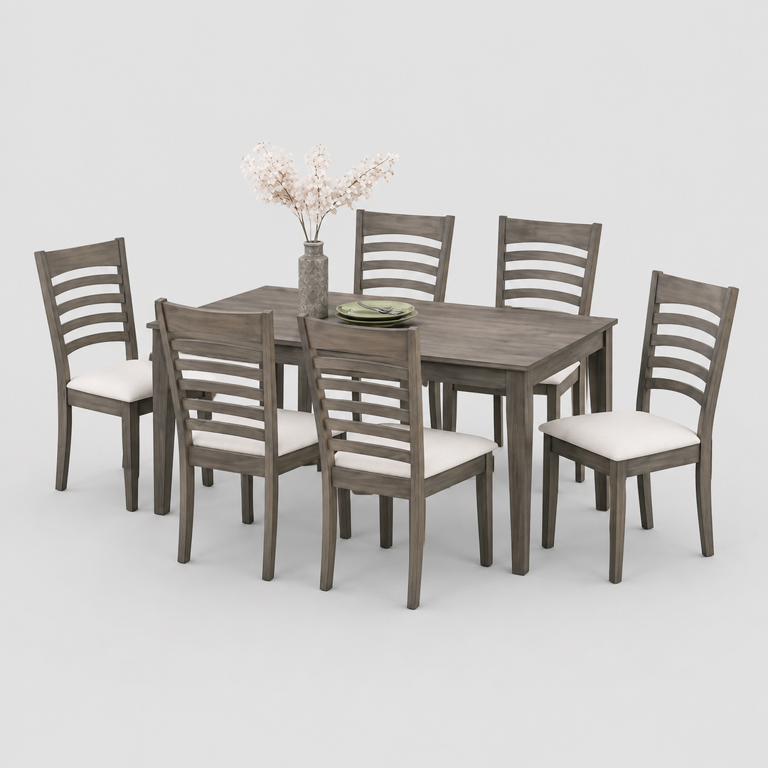 Oaklora 7-Piece Dining Set – Antique Grey Modern Finish Rectangular Table with Ladder Back Chairs