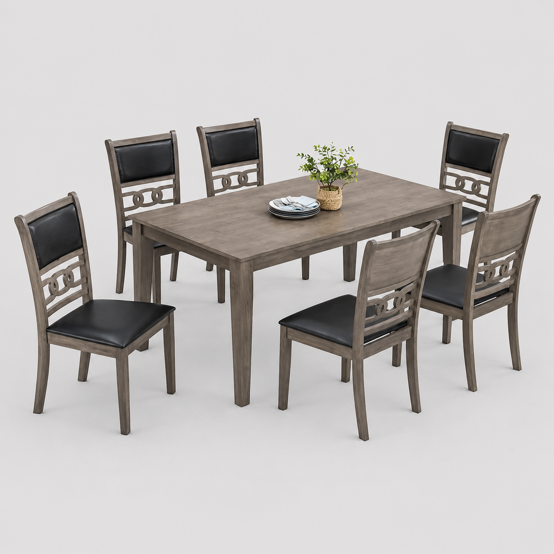 Marenzo 7-Piece Dining Set – Antique Grey Modern Finish Rectangular Table with PU Chairs