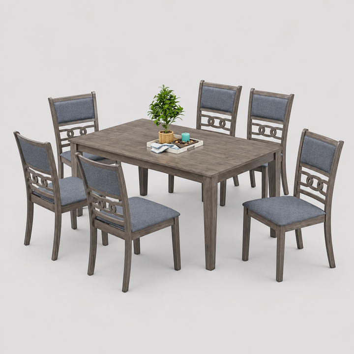 Marenzo 7-Piece Dining Set – Antique Grey Modern Finish Rectangular Table with Fabric Chairs