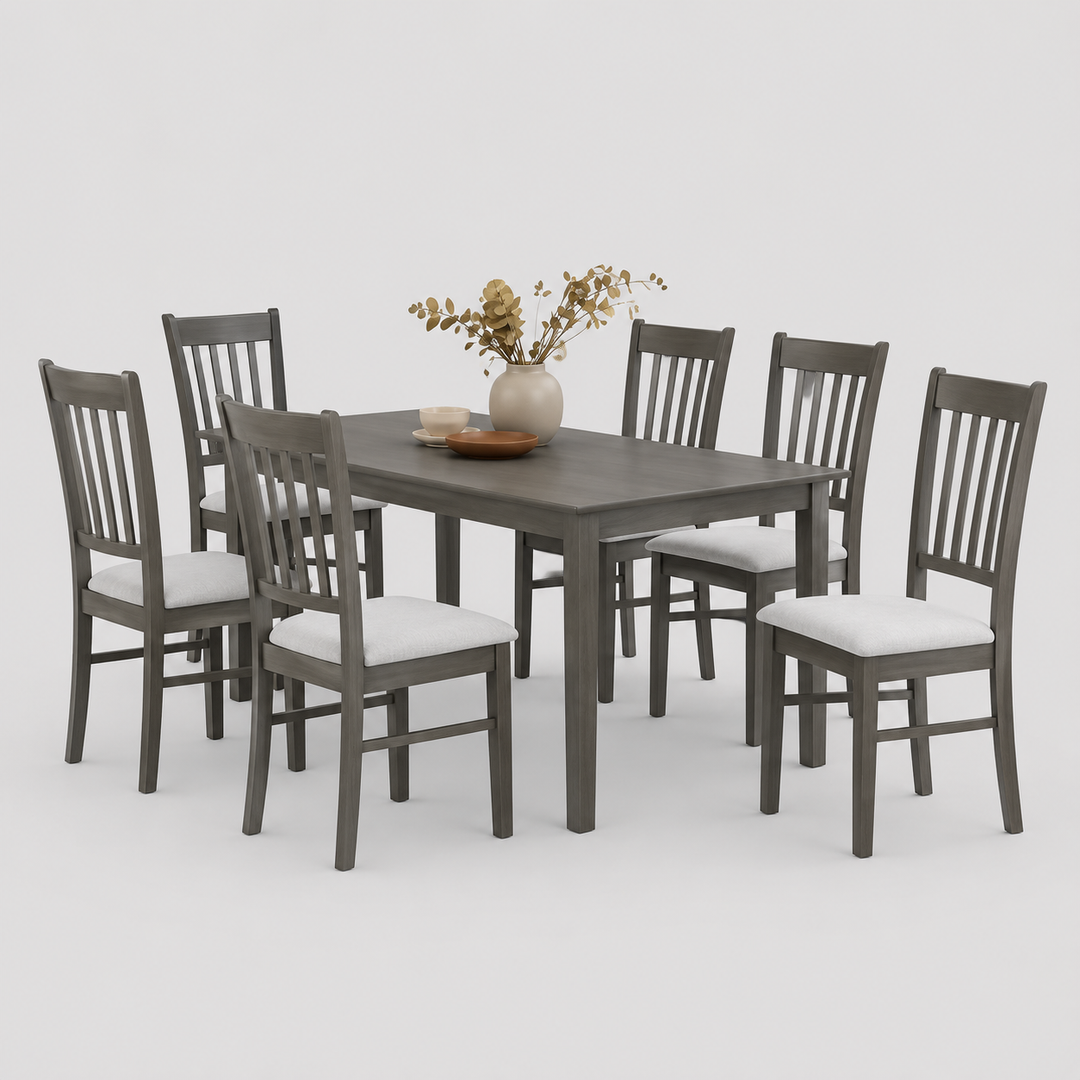 Valenza 7-Piece Dining Set – Antique Grey Contemporary Dining Table with Fabric Chairs