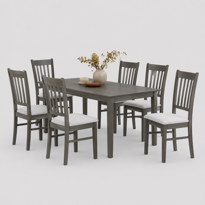 Valenza 7-Piece Dining Set – Antique Grey Contemporary Dining Table with Fabric Chairs