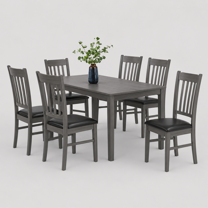 Valenza 7-Piece Dining Set – Antique Grey Contemporary Dining Table with PU Upholstered Chairs